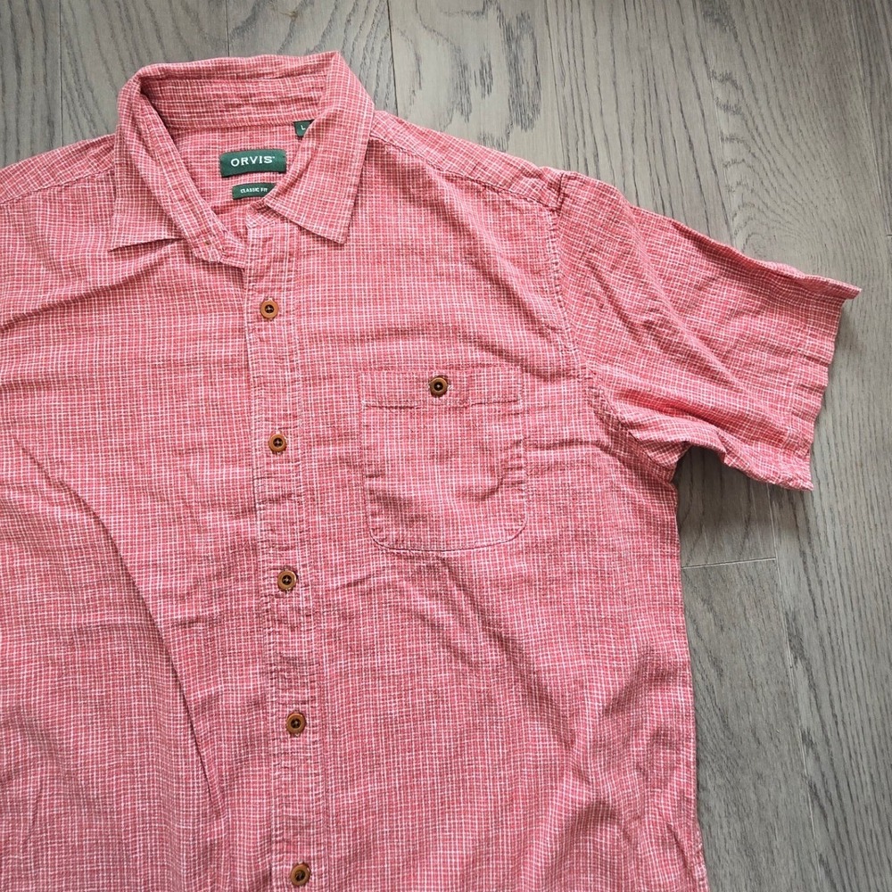 Orvis Hemp Blend Micro Check Short Sleeve Button Down Shirt Red Mens Large